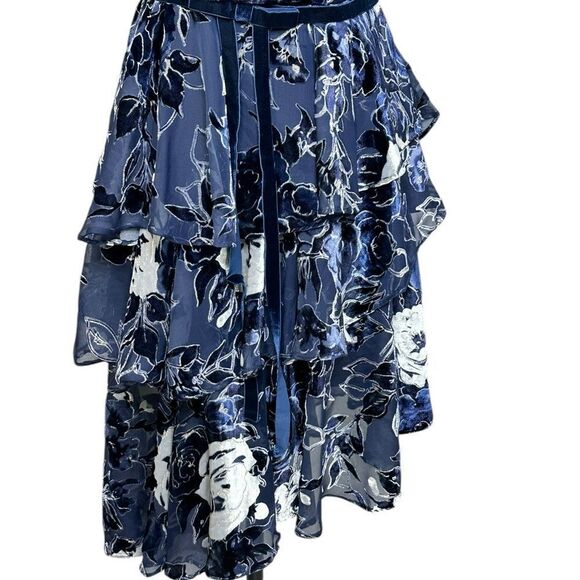 Marchesa Navy Blue Floral Velvet Textured Tiered Cocktail Midi Dress | Size 4 - Picture 11 of 13